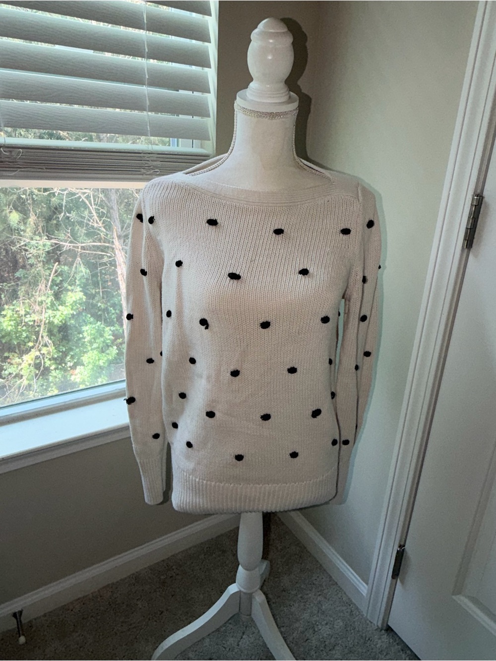 LOFT Cream Off-the-Shoulder Sweater with Black Dot Accent